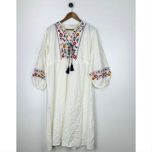 Shineflow Women’s Dress Peasant Puff Sleeve Floral Embroidery Tassels Large L